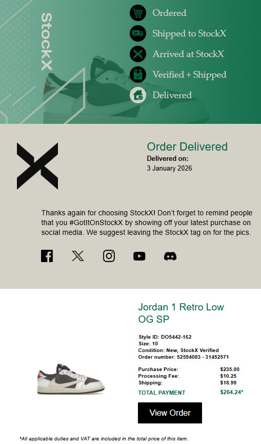 StockX delivered receipt example